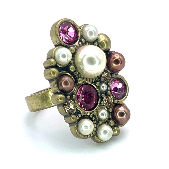 Pearl and Pink Gemstone Cluster Cocktail Ring | Size 6 - Picture 1 of 3